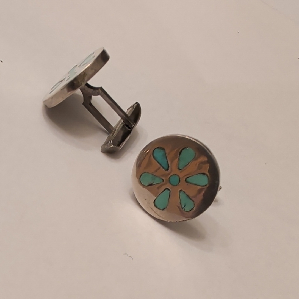 Vintage Sterling Silver Cufflinks with Turquoise Floral Inlay